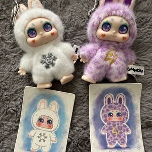 Plush Bunny Keychain Duo - White and Lavender Soft Fur